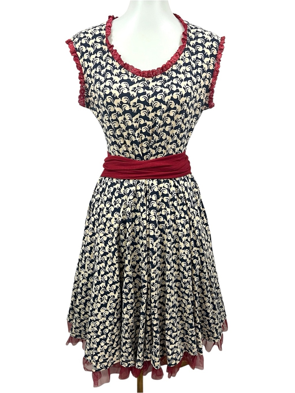 Effie's Heart Retro Squirrel Print Fit & Flare Swing Dress Tulle Trim Tie Waist